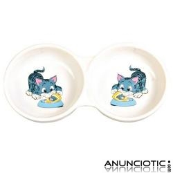 Comedero doble de cer&aacute;mica con grabado para gatos