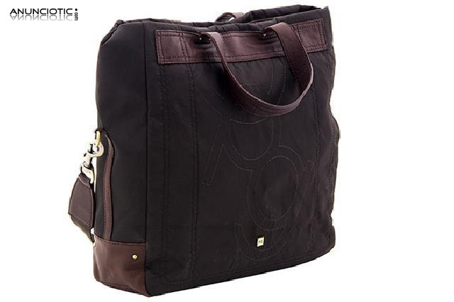 Bolso shopping en loneta y piel marr&oacute;n